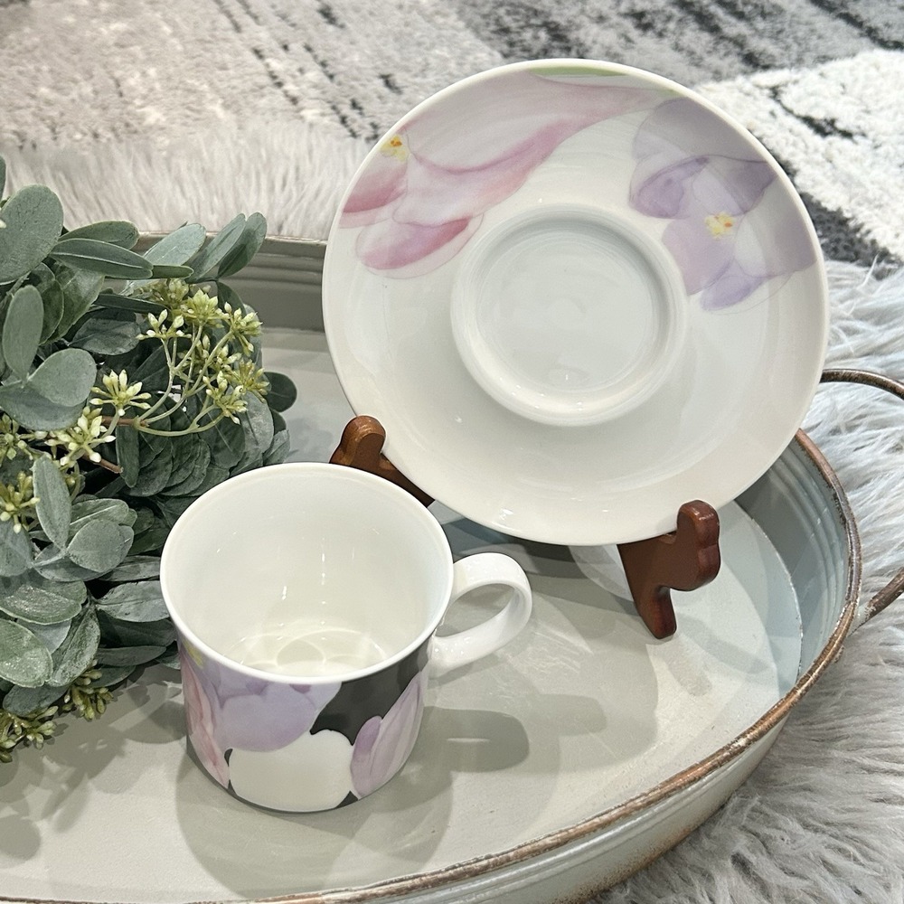Mikasa VOGUE L1052 Floral Pink & Purple Teacups‎ and Saucers Service For Two